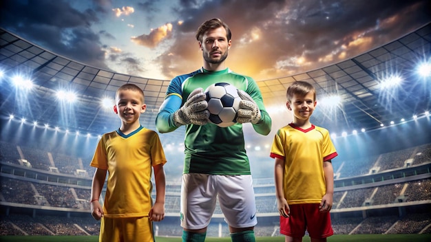 Football player Kid soccer champion Boy goalkeeper in sportswear on stadium with ball Sport concept