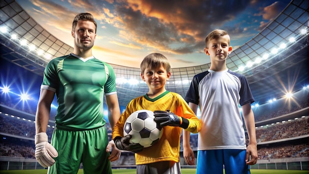 Football player Kid soccer champion Boy goalkeeper in sportswear on stadium with ball Sport concept