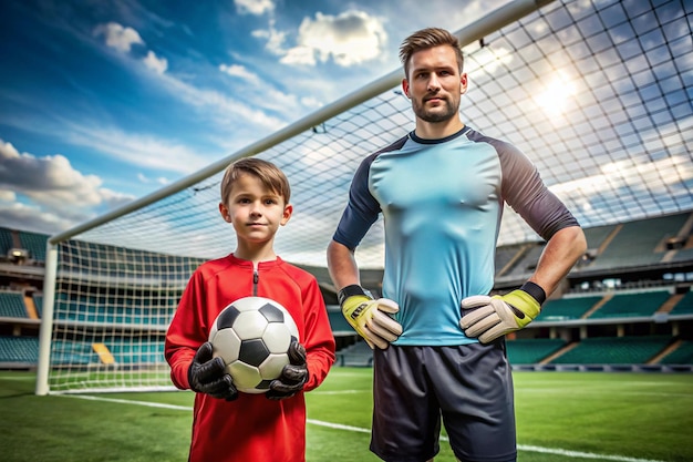 Football player Kid soccer champion Boy goalkeeper in sportswear on stadium with ball Sport concept