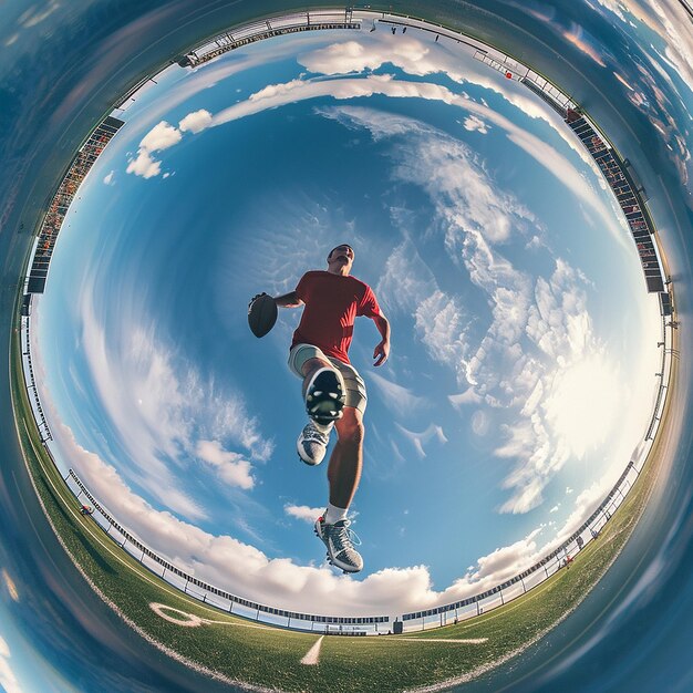 Photo football player running on the field 360degree viewing angle a circle formed by a football field