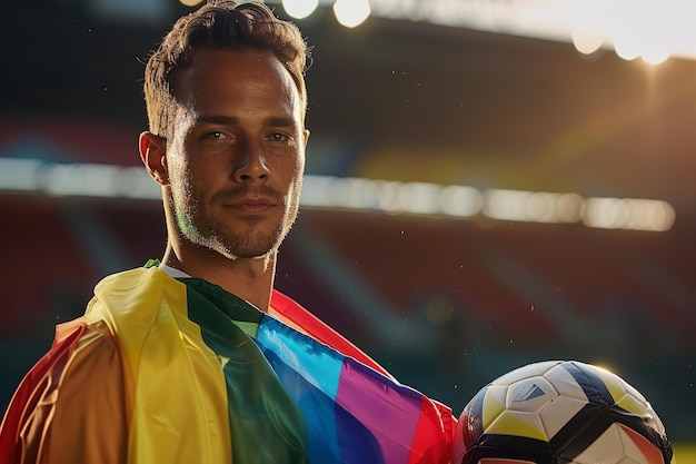 Photo a football player or soccer player who is gay and proud lgbtq tricolor generative ai