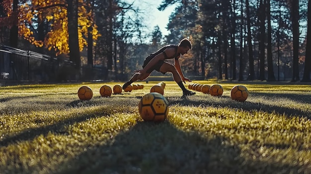 Football player training with agility drills