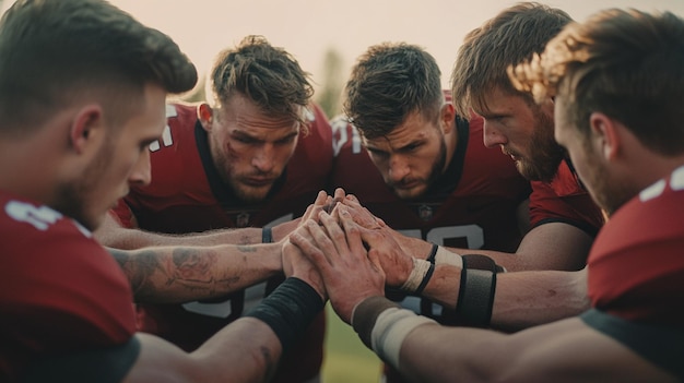 Photo football players in a huddle a motivating gathering of teammates ready to strategize together