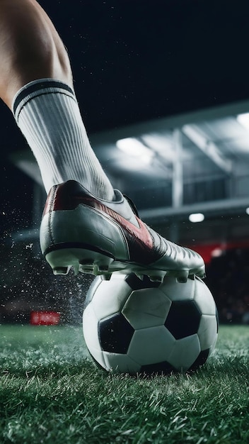 Football scene at night match with close up of a soccer shoe hitting the ball with power