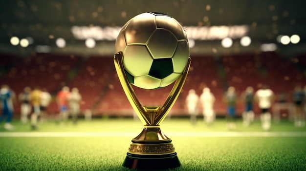 Football soccer ball and trophy cup on stadium Generative AI