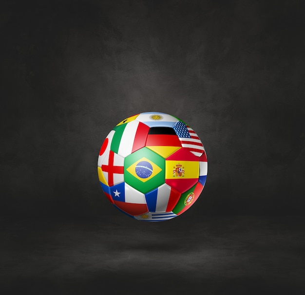 Football soccer ball with national flags isolated on a black studio background. 3D illustration