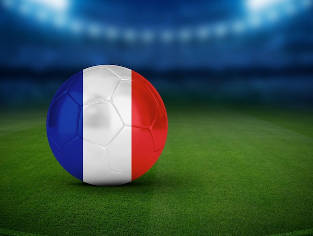 Football soccer ball with team national flags World football France flag on 3d ball green stadium