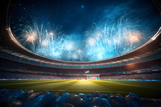 Football soccer field stadium at night and fireworks AI generate