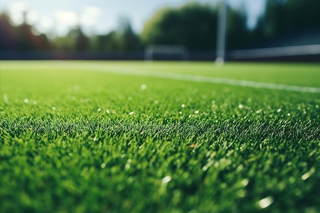 Football Soccer Field with Artificial Turf Soccer Goal Green Synthetic Grass and Shadowy Goal Net