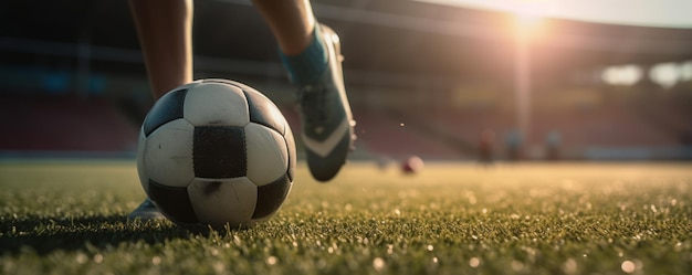 Football or soccer player playing with the ball in stadium Generative AI