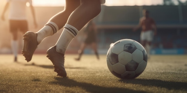 Football or soccer player playing with the ball in stadium Generative AI