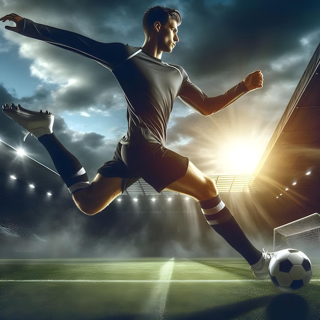 football or soccer player running fast and kicking a ball stadium shot active pose of skill develop