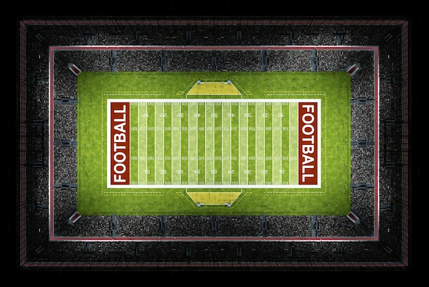 Football stadium American football stadium at night The stadium is illuminated by spotlights Full of fans with flags View from above 3d rendering