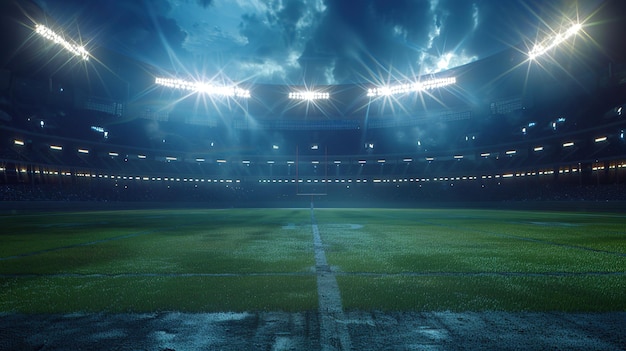 Football stadium view illuminated by blue spotlights and empty green grass field