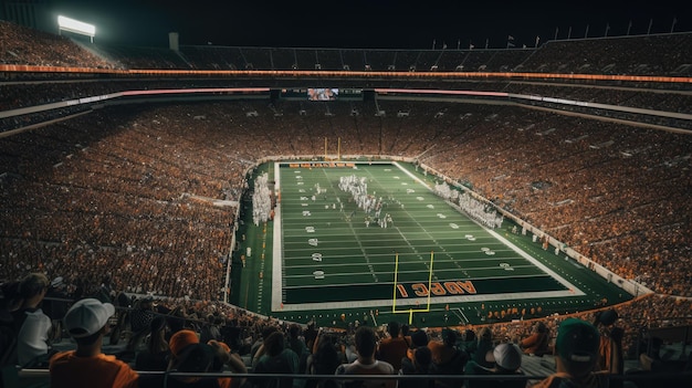 A football stadium with a crowd watching