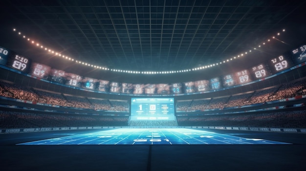 Football stadium with scoreboard and lights 3D rendering image blurred background generative ai