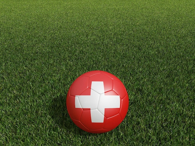 Football in Switzerland flag on green grass 3d rendering