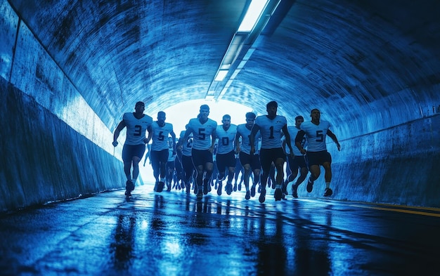 Football team entering the stadium tunnel with determination