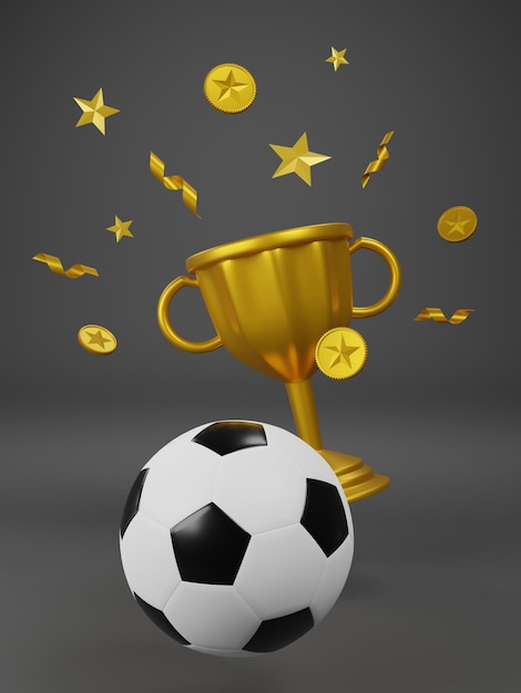 Football with gold trophy 3D rendering