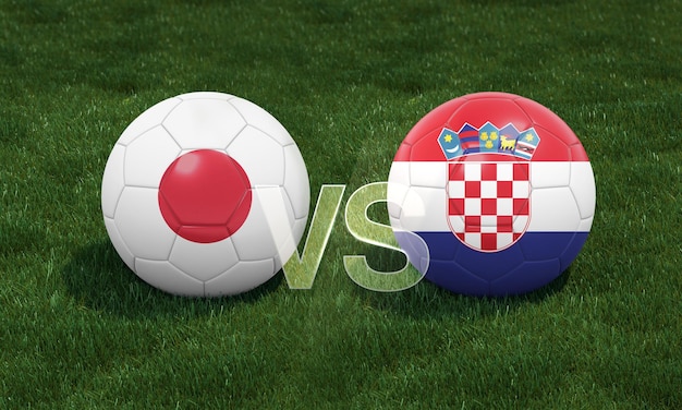 Football with Japan vs Croatia 3D ball soccer flags on green football field