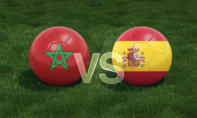 Football with Morocco vs Spain 3D ball soccer flags on green football field