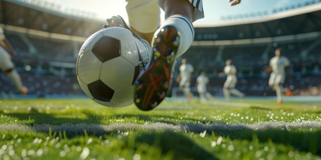 Football World Championship Soccer Player Runs to Kick the Ball Ball on the Grass Field of Arena Full Stadium of Crowd Cheers International Tournament Cinematic Shot Captures Victory