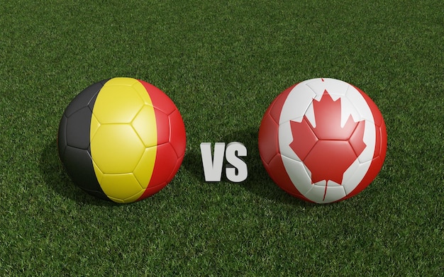 Footballs in flags colors on grass Belgium with Canada World Cup football championship 2022 3d rendering