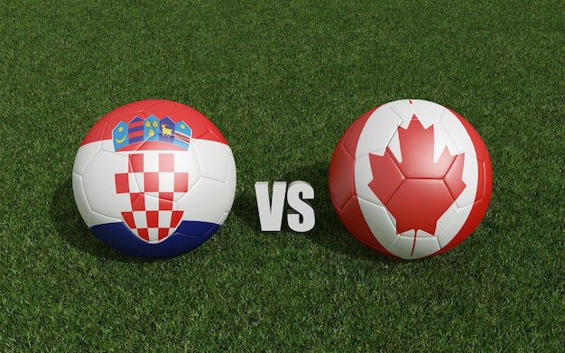 Footballs in flags colors on grass Croatia with Canada World Cup football championship 2022 3d rendering