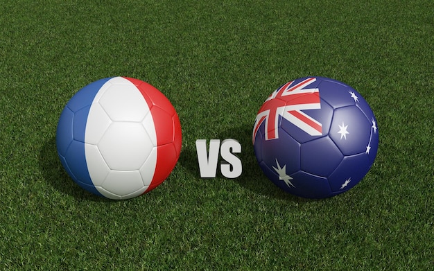 Footballs in flags colors on grass France with Australia World Cup football championship 2022 3d rendering