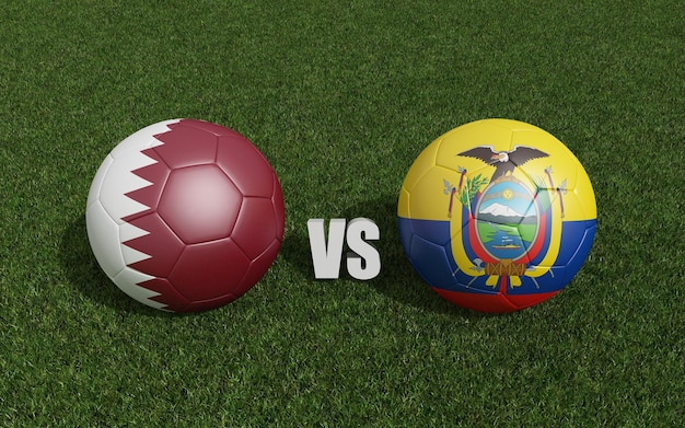 Footballs in flags colors on grass Qatar with Ecuador World Cup football championship 2022 3d rendering