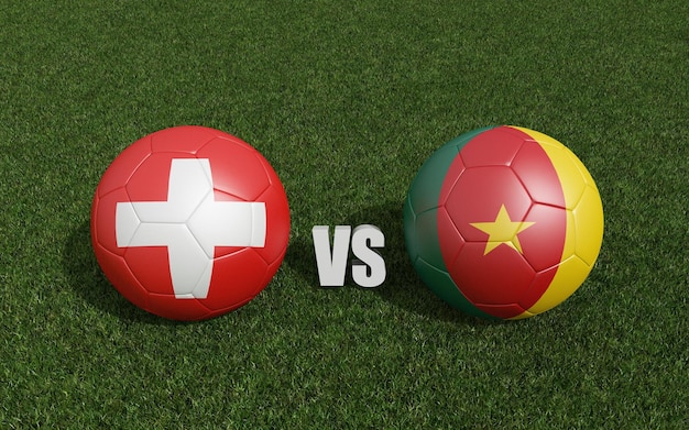 Footballs in flags colors on grass Switzerland with cameroon World Cup football championship 2022 3d rendering