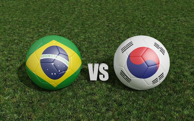 Footballs in flags colors on soccer field Brazil with South Korea 3d rendering