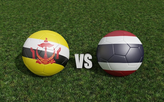 Footballs in flags colors on soccer field Brunei Darussalam with Thailand 3d rendering