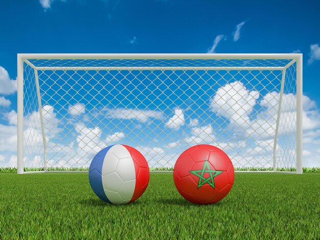 Footballs in flags colors on soccer field France with Morocco 3d rendering