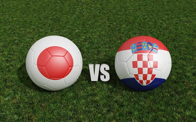 Footballs in flags colors on soccer field Japan with Croatia 3d rendering