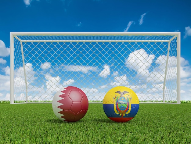 Footballs in flags colors on soccer field Qatar with Ecuador World Cup football championship 2022 3d rendering