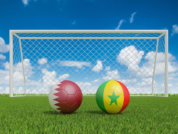 Footballs in flags colors on soccer field Qatar with Senegal World Cup football championship 2022 3d rendering