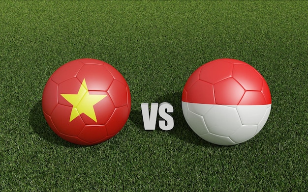 Footballs in flags colors on soccer field Vietnam with Indonesia 3d rendering