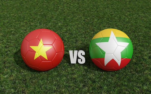 Footballs in flags colors on soccer field Vietnam with Myanmar 3d rendering