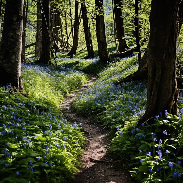 A footpath through a forest is flanked by colorful flowers