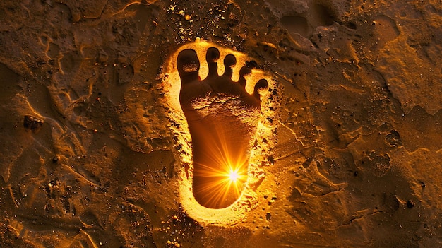 Footprint in the sand with a glowing light shining through it