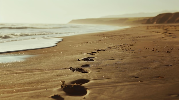 Footprints on the beach leading to the ocean The setting is peaceful and serene The sand is soft and inviting The water is crystal clear