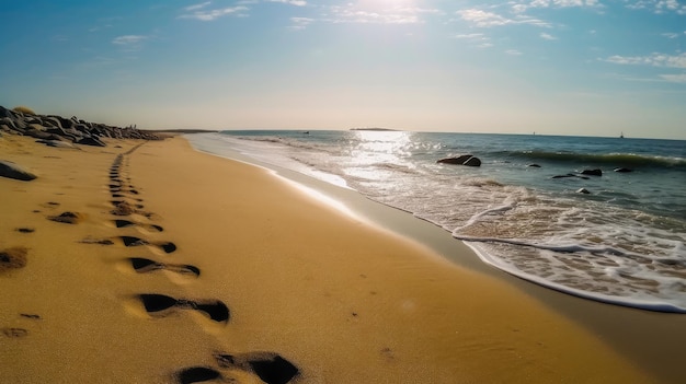 Footprints on the beach the ocean the sun the sky