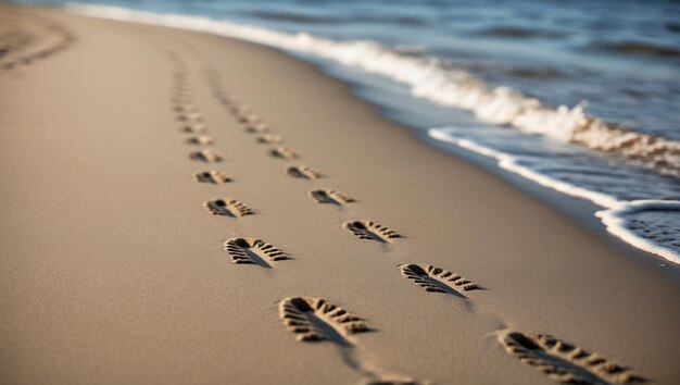 Photo footprints of human feet on the sand near the water on the beach