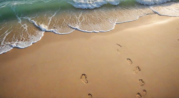 footprints in the sand on a beach with a persons feet in the water