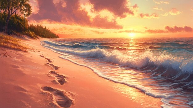 footprints in the sand at sunset