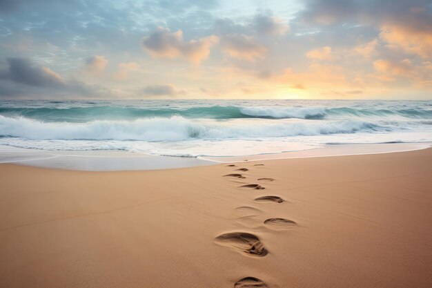 Photo footprints in the sand with fading ocean waves generative ai