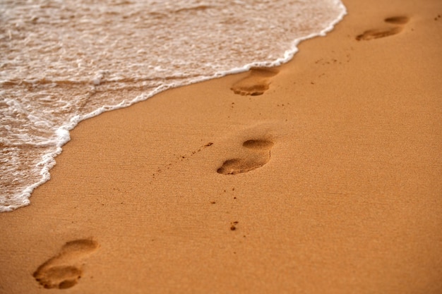 Footprints at sunset with golden sand Beach wave and footsteps at summer