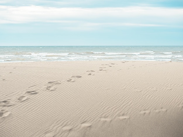 footsteps on a white sant beach in summer