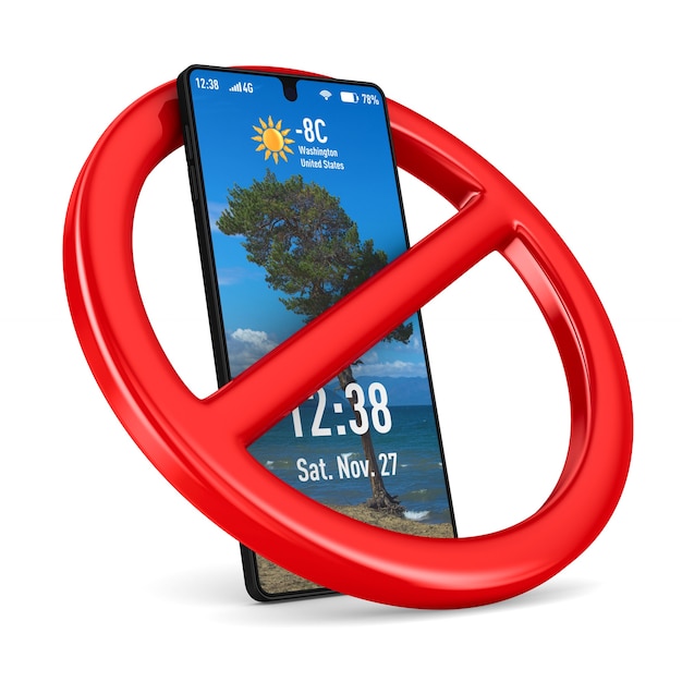 Forbidden sign and phone. Isolated 3D rendering